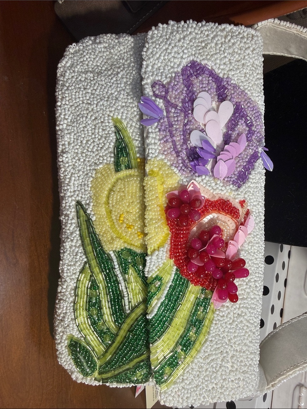 Beaded Floral Key & Card Holder - White with Yellow, Red, Purple Accents